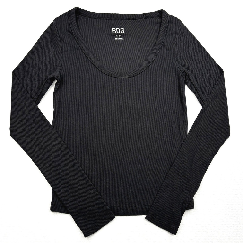 BDG Urban Outfitters Womens Small Black Ribbed Scoop Neck Long Sleeve Top Basic